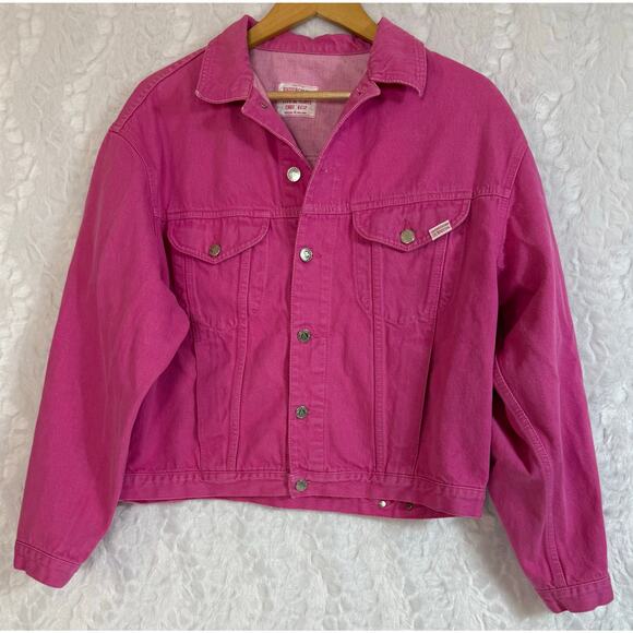 VTG 80s United Colors of Benneton Italy Bright Pink Denim Cropped Jacket M / L** - Picture 1 of 16